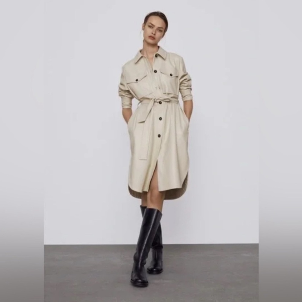 Zara Faux Leather Long Shirt Jacket Shacket Style Coat